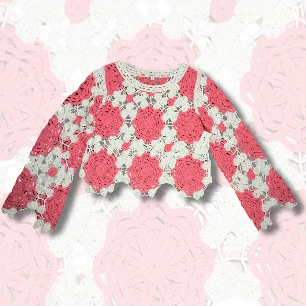 Francesca's Collections Pink and White Crochet Top